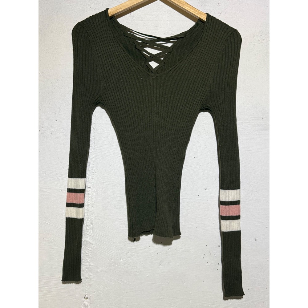 Hooked Up by IOT Womens XS Olive Green Ribbed Lace Up Back Long Sleeve Top Y2K